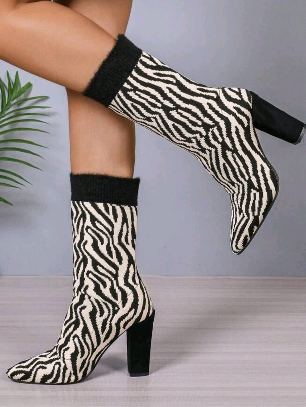 🔥 Boots‼️ Black & White Zebra Print Block Heel Mid- Calf Boots